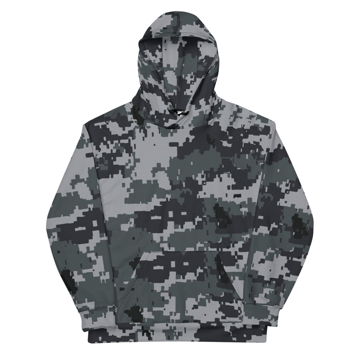 Gray-and-black army camo hoodie with front kangaroo pocket and drawstring hood