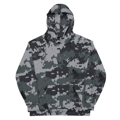 Gray-and-black army camo hoodie with front kangaroo pocket and drawstring hood