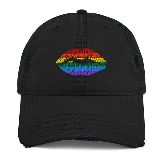Black baseball cap with rainbow lips embroidered on the front panel.