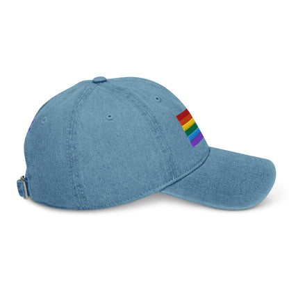 Light blue denim baseball cap with side Pride flag embroidery