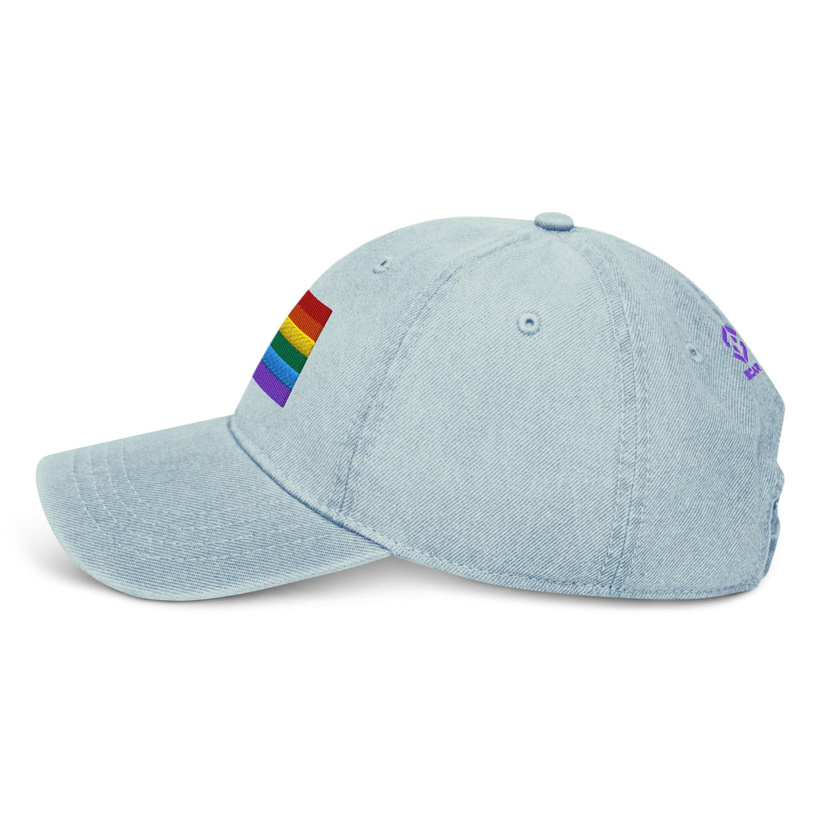 Light blue denim baseball cap with Pride flag embroidery on side panel