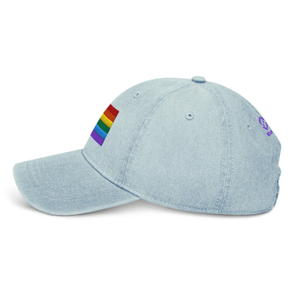 Light blue denim baseball cap with Pride flag embroidery on side panel