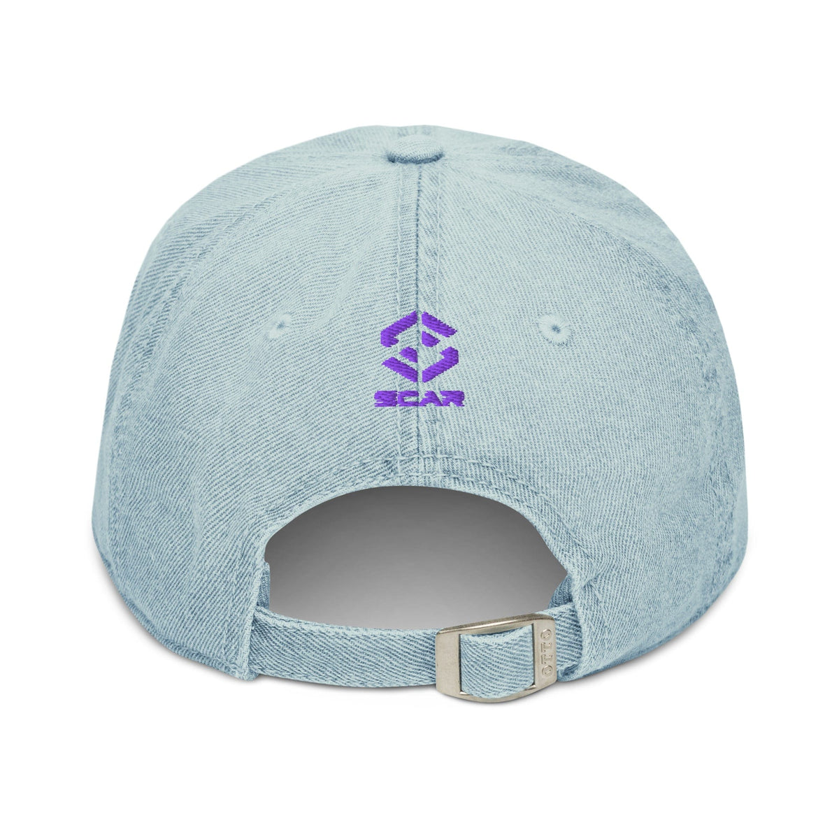 Light blue denim baseball cap with Pride symbol embroidery on back, adjustable strap