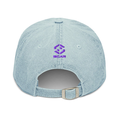Light blue denim baseball cap with Pride symbol embroidery on back, adjustable strap