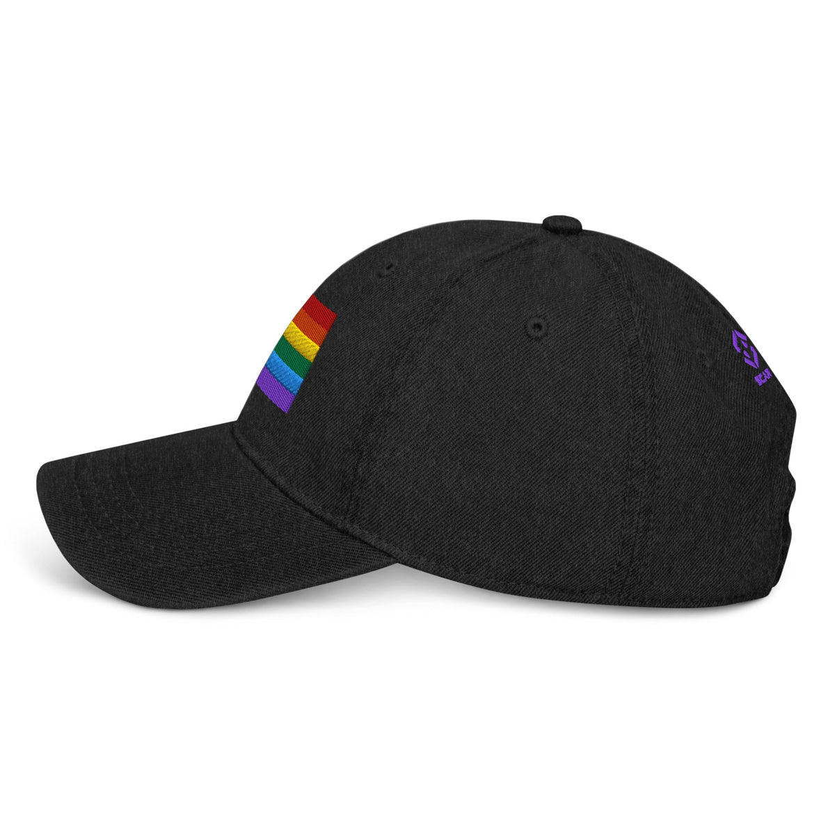Black denim baseball cap with rainbow pride flag patch on side panel
