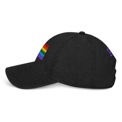 Black denim baseball cap with rainbow pride flag patch on side panel