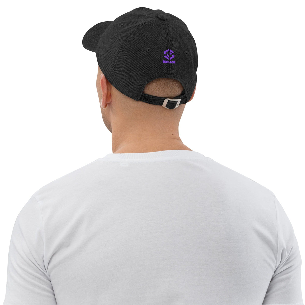 Black denim baseball cap with small purple Pride logo on the back