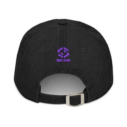 Black denim baseball cap with purple embroidered logo on back and adjustable buckle strap