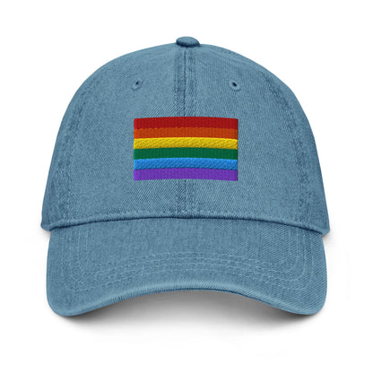 Light blue denim baseball cap with rainbow pride flag patch on front
