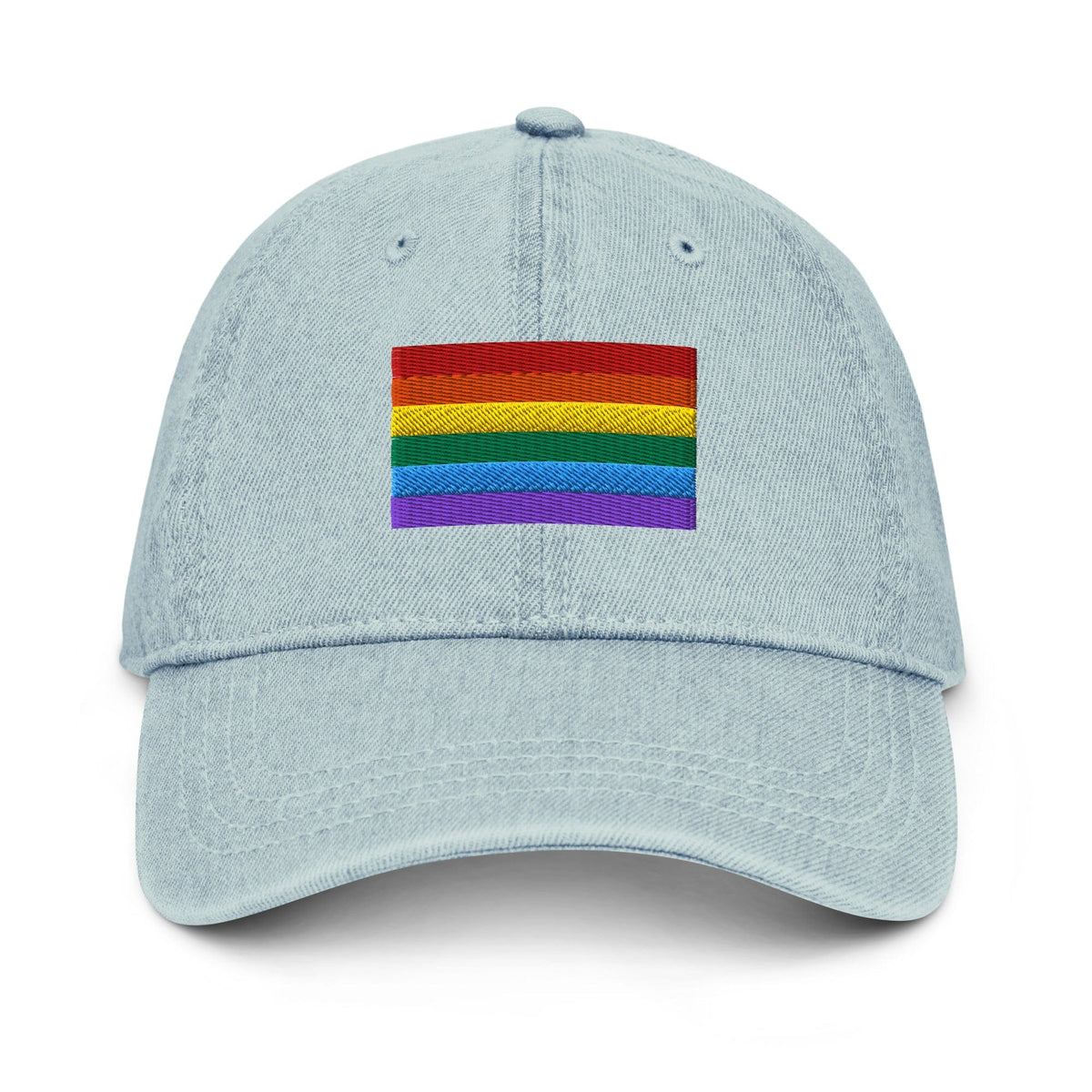 Light blue denim baseball cap with Pride flag embroidery on back