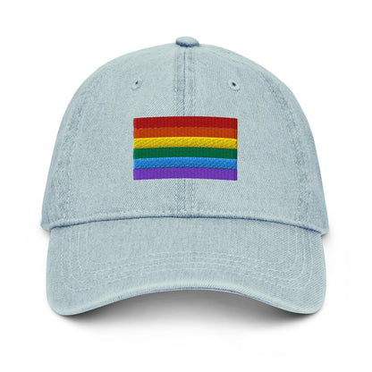 Light blue denim baseball cap with Pride flag embroidery on back
