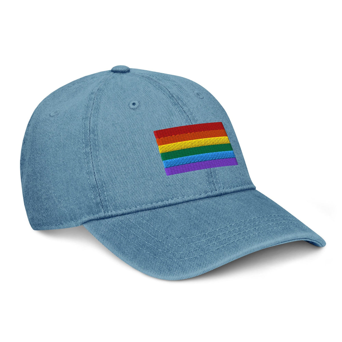 Light blue denim baseball cap with Pride flag patch on front