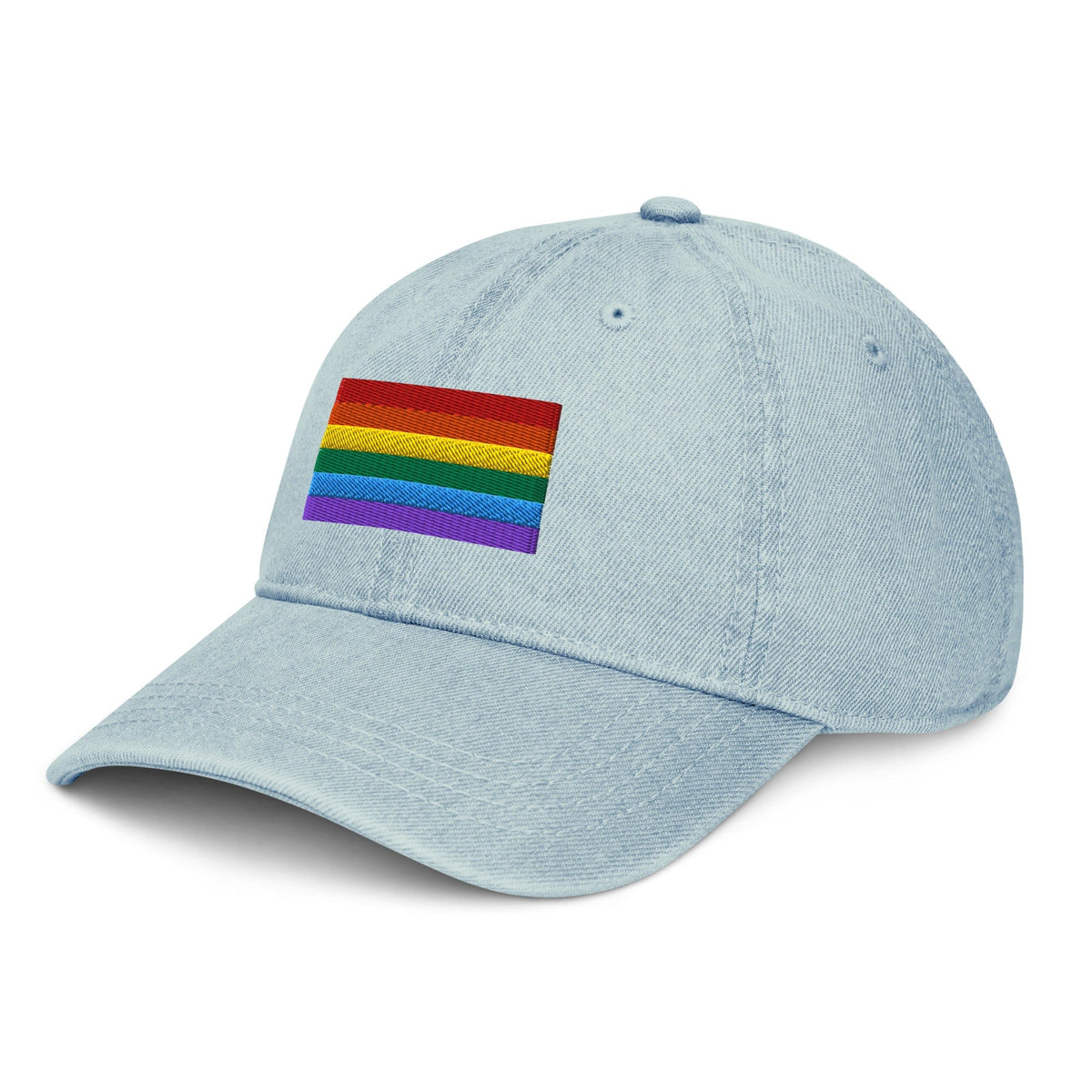 Light blue denim baseball cap with Pride flag embroidery patch on side