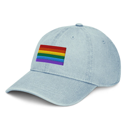 Light blue denim baseball cap with Pride flag embroidery patch on side