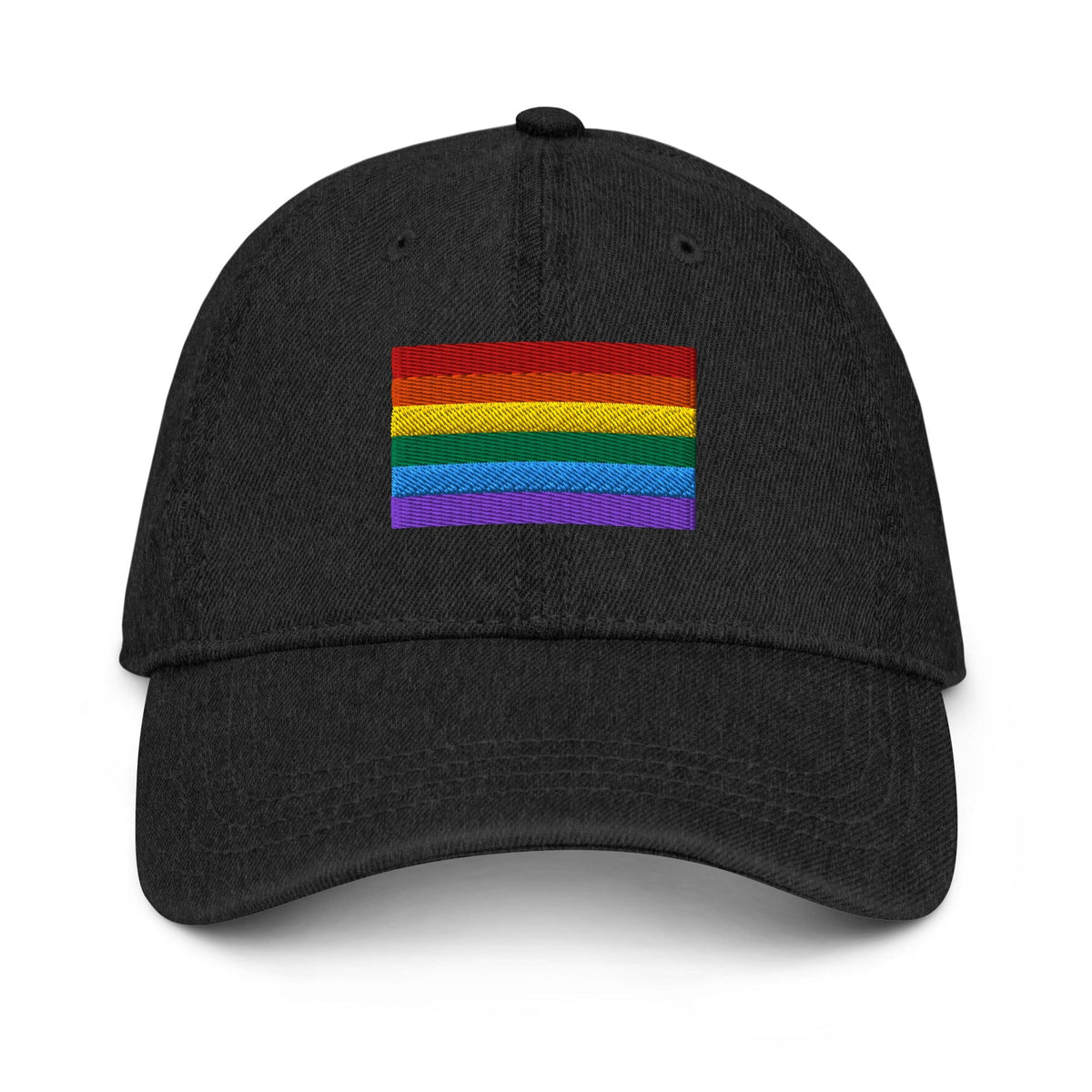 Black denim baseball cap with Pride rainbow flag embroidery on the front