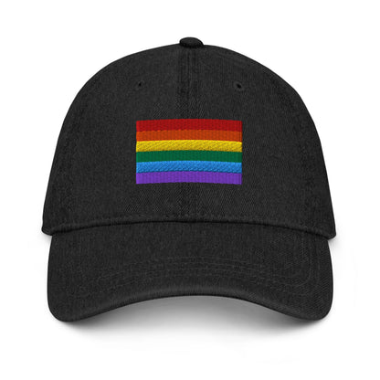Black denim baseball cap with Pride rainbow flag embroidery on the front