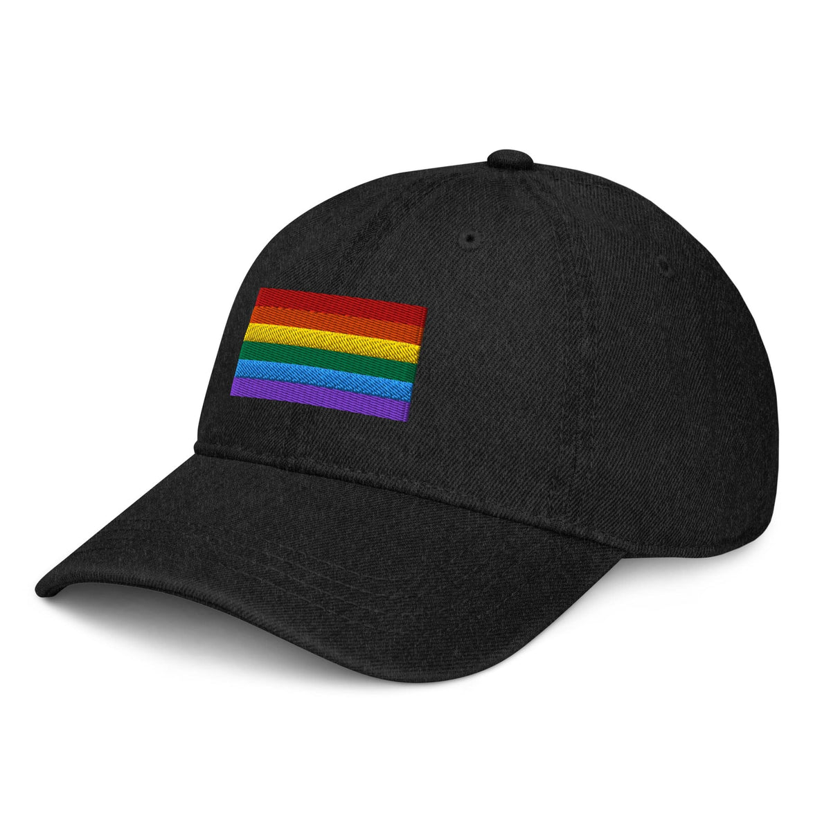 Black denim baseball cap with rainbow pride flag patch embroidered on front