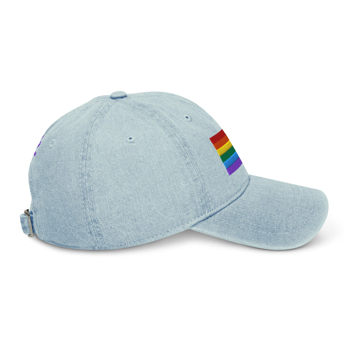 Light blue denim baseball cap with Pride flag embroidery on side panel