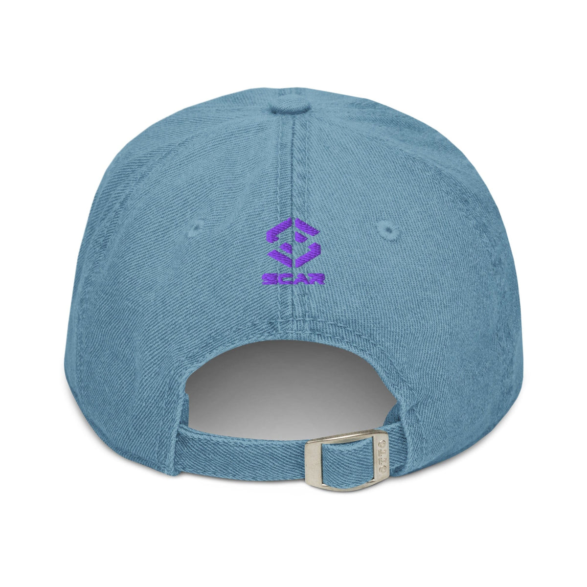 Light blue denim baseball cap with purple embroidered logo on back and adjustable buckle strap