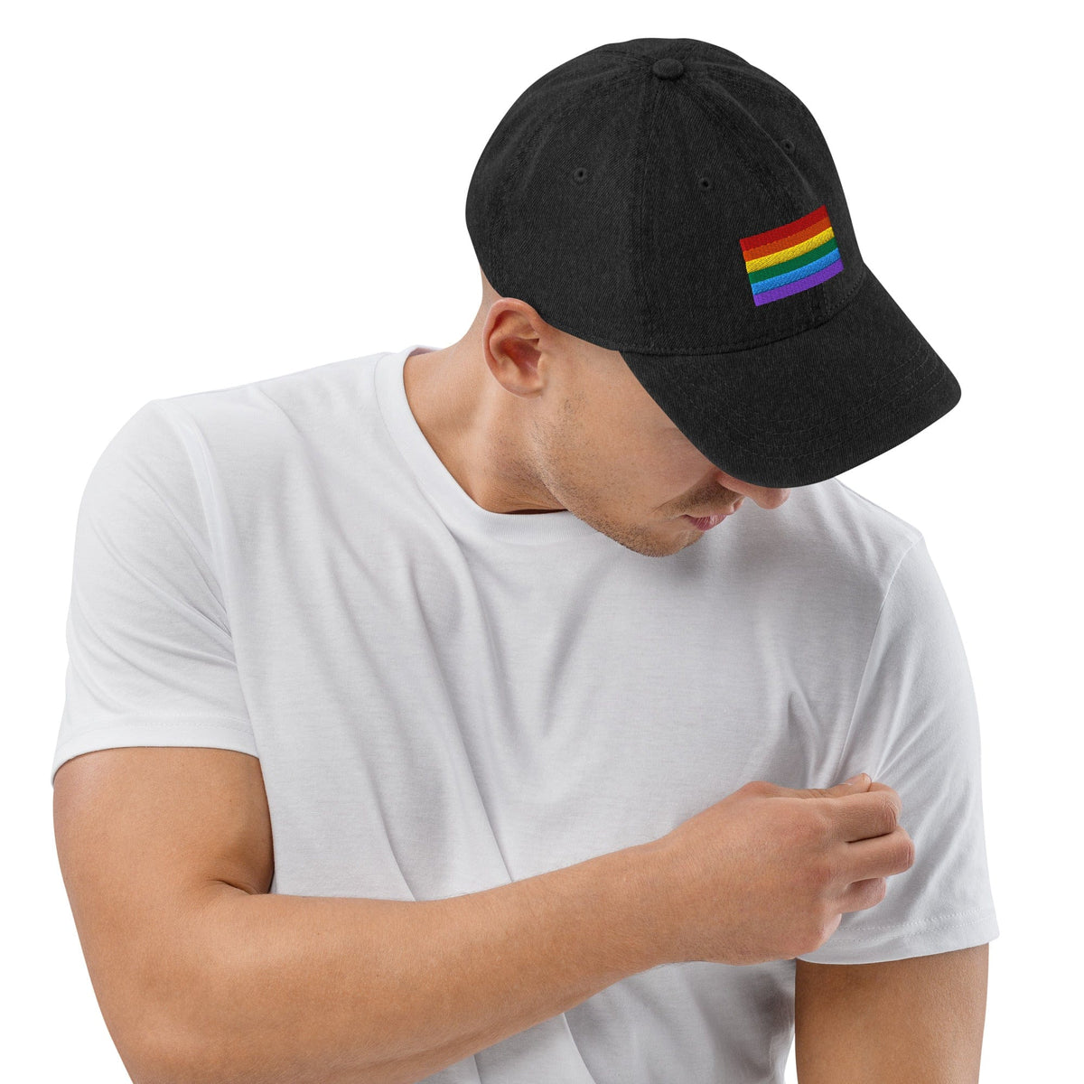 Black denim baseball cap with Pride rainbow flag embroidery on the side