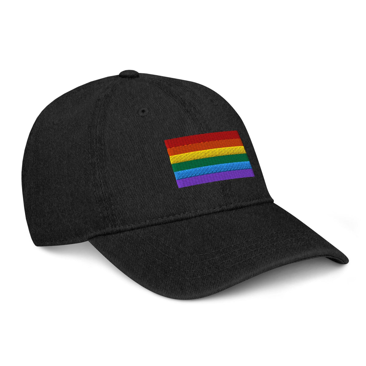 Black denim baseball cap with rainbow pride flag patch on front panel
