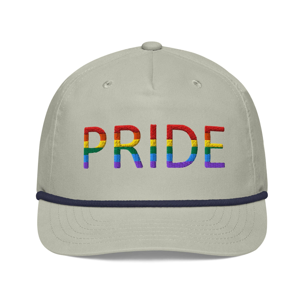 Embroidered golf cap, light gray with dark trim and rainbow PRIDE lettering on front