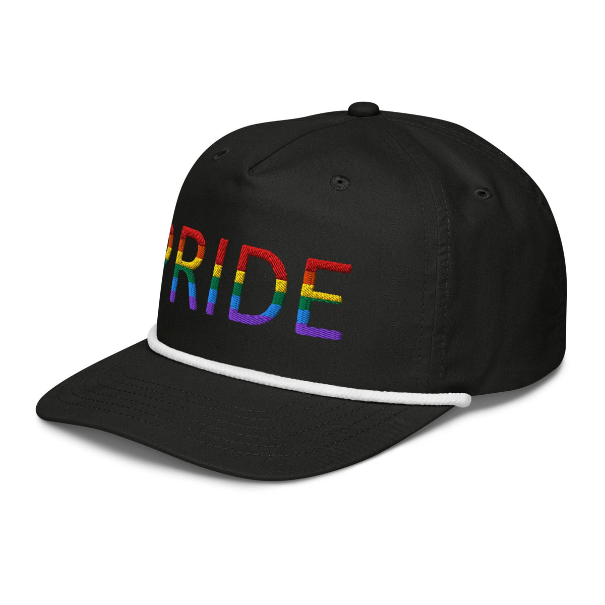Embroidered golf cap in black with red-to-rainbow PRIDE lettering and white rope trim