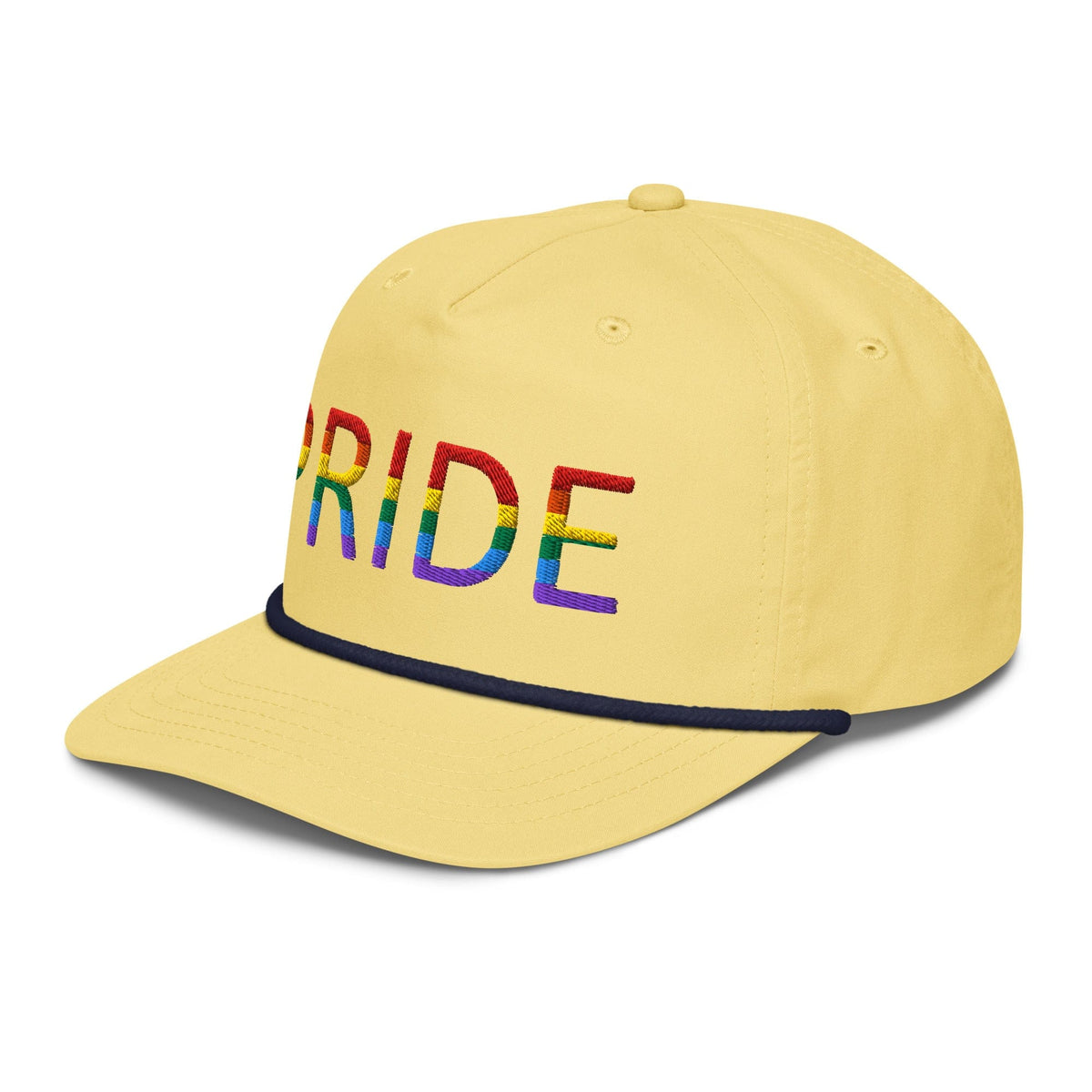 Yellow baseball cap with embroidered PRIDE logo and navy trim
