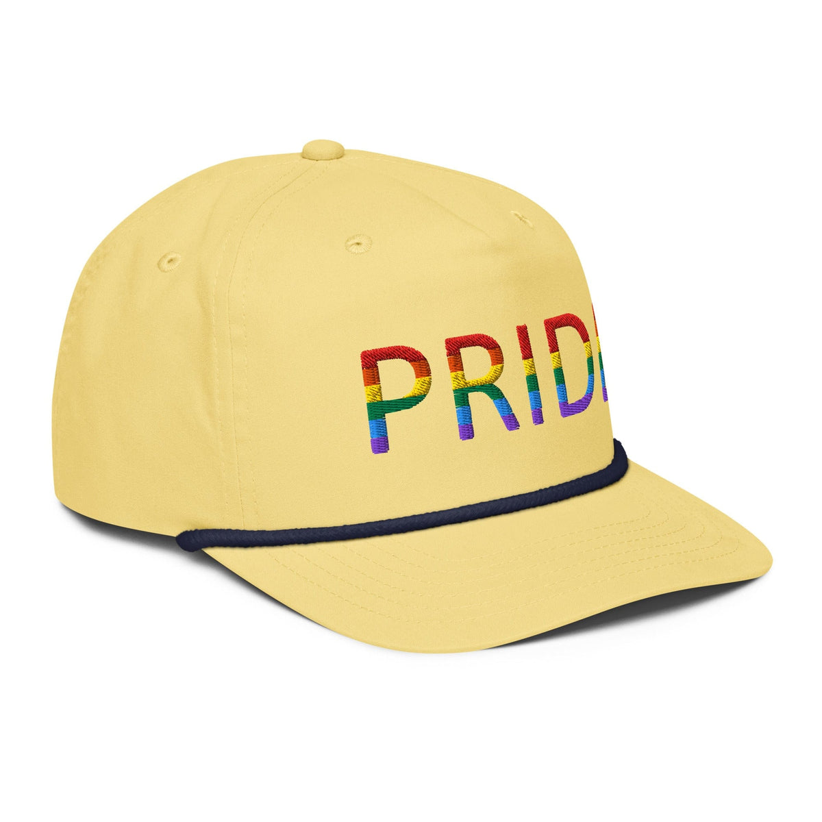 Yellow baseball cap with embroidered PRIDE text, navy brim