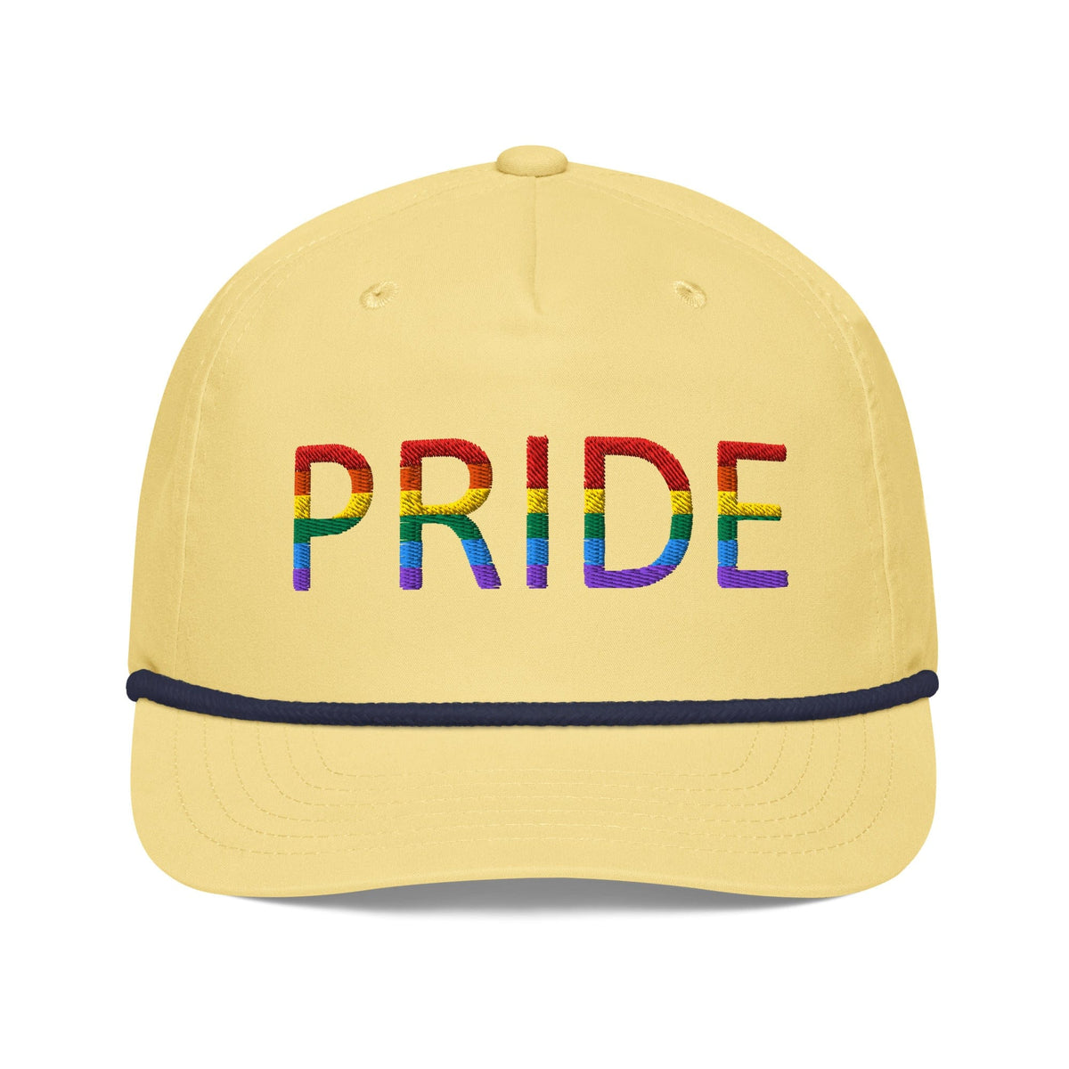 Embroidered golf cap, yellow with dark trim and rainbow PRIDE lettering on front