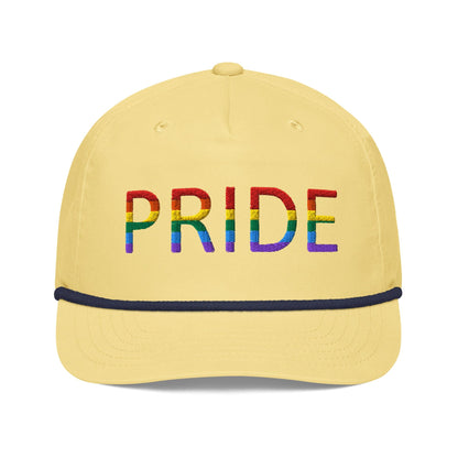 Embroidered golf cap, yellow with dark trim and rainbow PRIDE lettering on front
