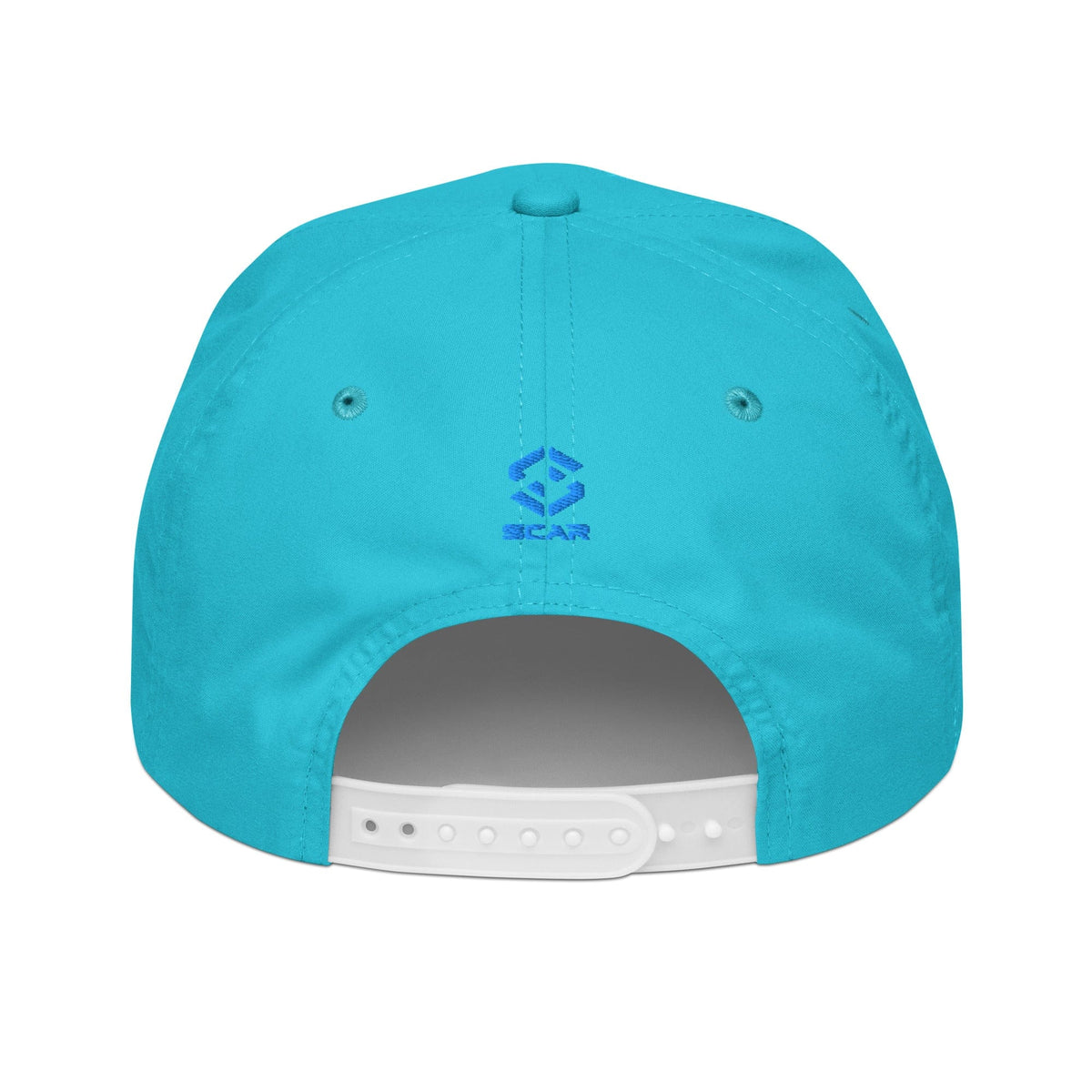 Embroidered golf cap, turquoise with adjustable back strap and small blue logo centered