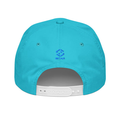 Embroidered golf cap, turquoise with adjustable back strap and small blue logo centered