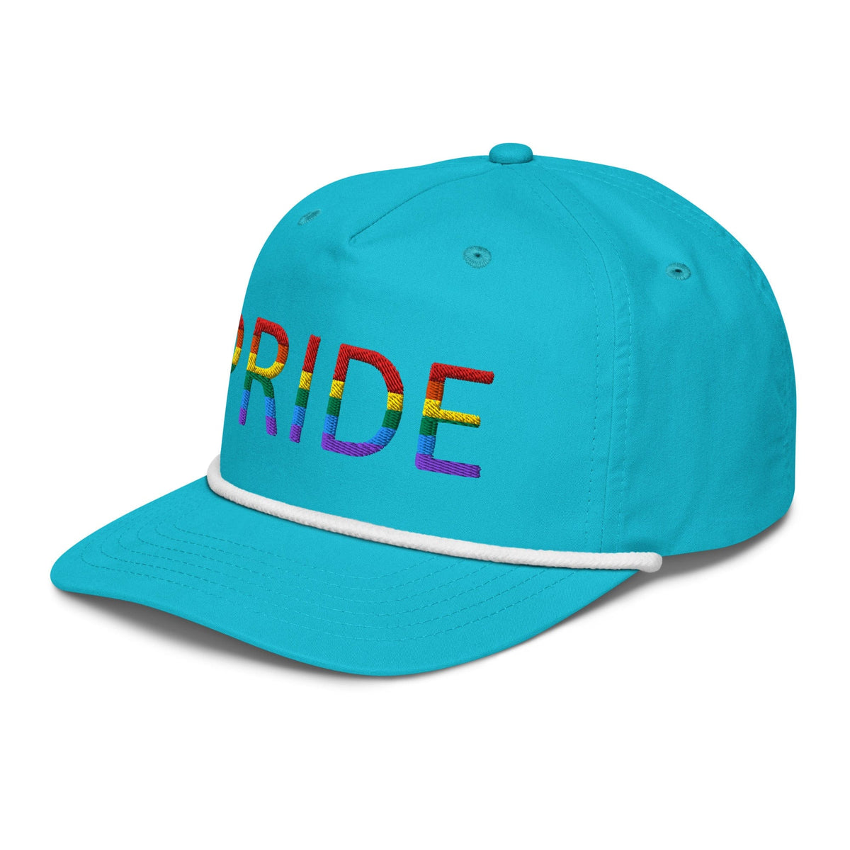 Embroidered golf cap, turquoise with white trim and rainbow PRIDE lettering on front panel