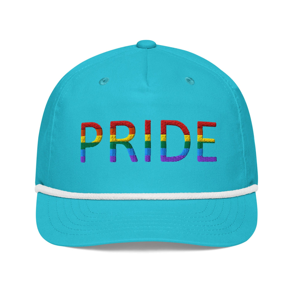 Embroidered golf cap, turquoise with white trim and rainbow PRIDE lettering on front