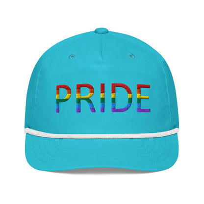 Embroidered golf cap, turquoise with white trim and rainbow PRIDE lettering on front