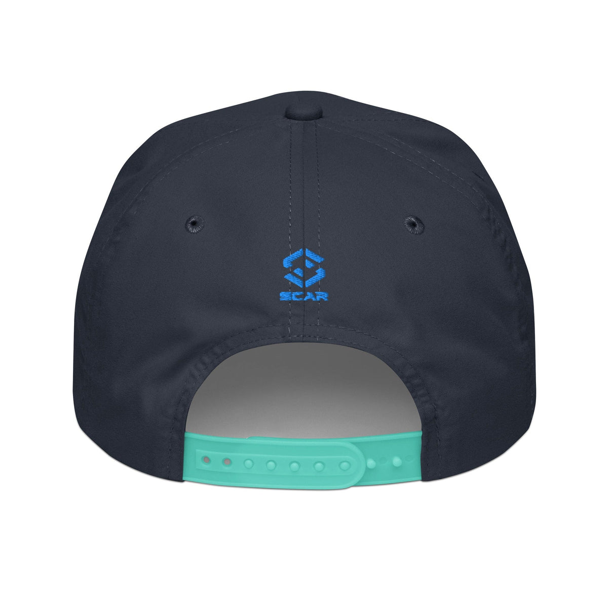 Embroidered golf cap, dark navy with mint adjustable strap and small blue logo on front