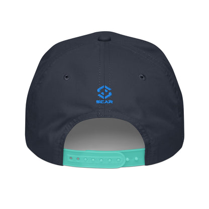 Embroidered golf cap, dark navy with mint adjustable strap and small blue logo on front