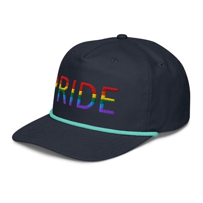 Embroidered golf cap in dark navy with multicolor PRIDE lettering and mint rope edging