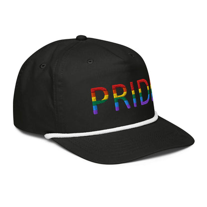 Embroidered golf cap in black with rainbow PRIDE lettering and white rope trim