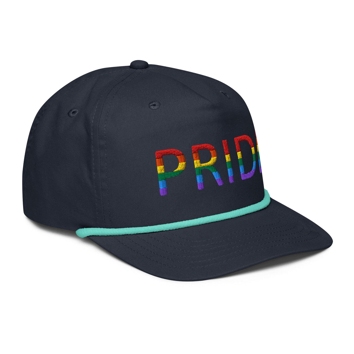 Embroidered golf cap in dark navy with multicolor PRIDE lettering and mint rope trim