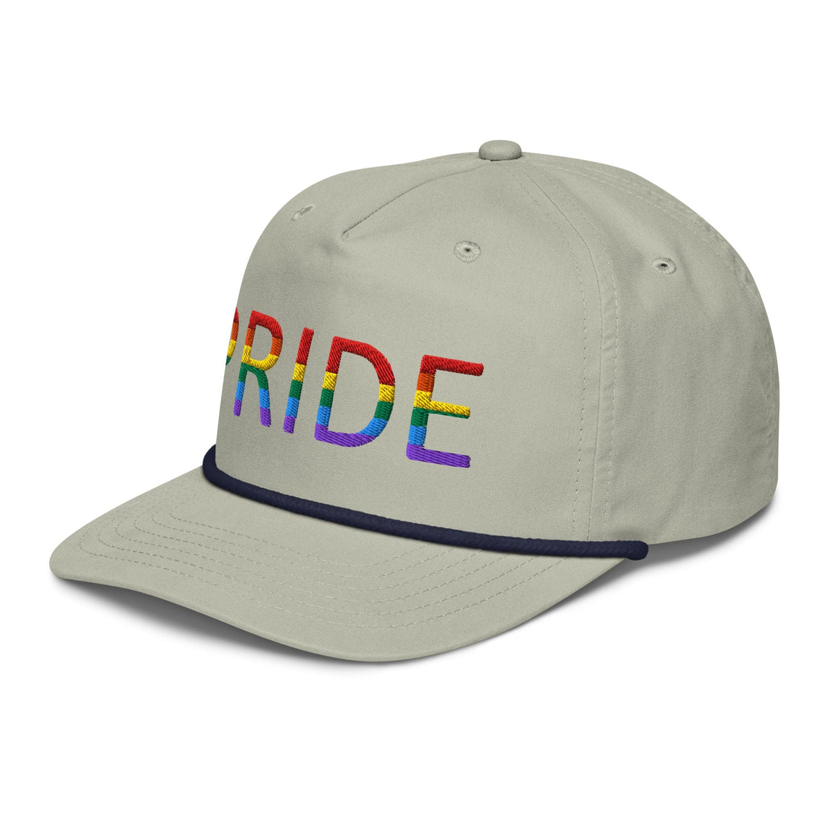 Embroidered golf cap, light gray with dark trim and rainbow PRID lettering on front