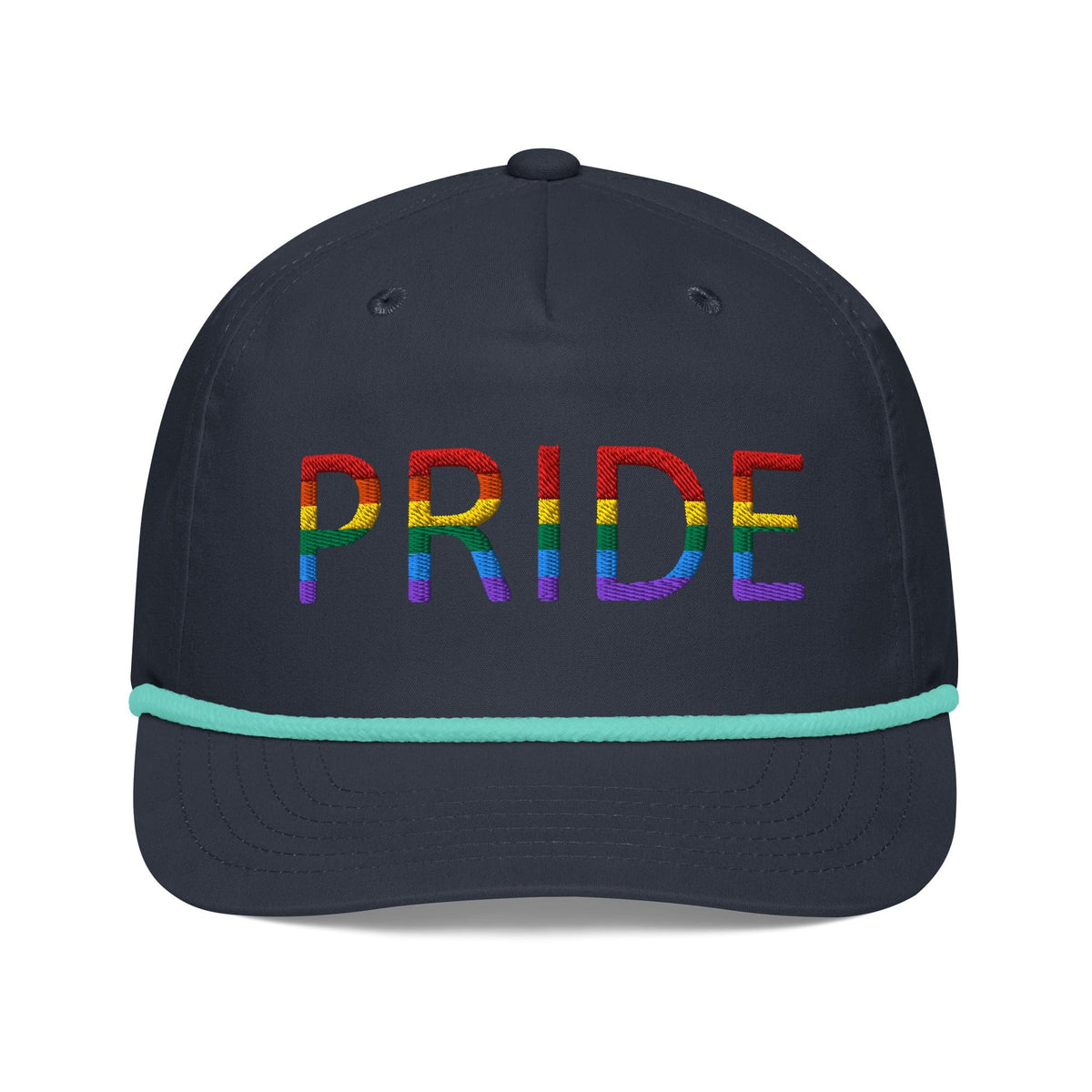 Embroidered golf cap in dark navy with multicolor PRIDE lettering and mint rope trim