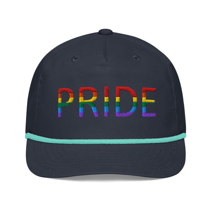 Embroidered golf cap in dark navy with multicolor PRIDE lettering and mint rope trim