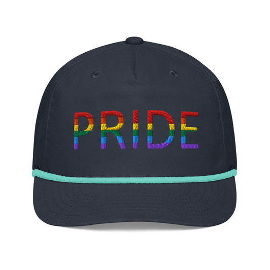 Embroidered golf cap in dark navy with multicolor PRIDE lettering and mint rope trim