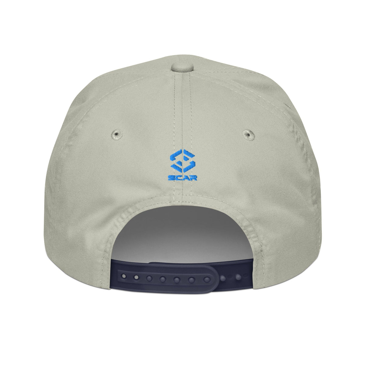 Embroidered golf cap, light gray with dark adjustable strap and small blue logo on front