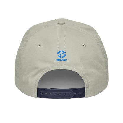 Embroidered golf cap, light gray with dark adjustable strap and small blue logo on front