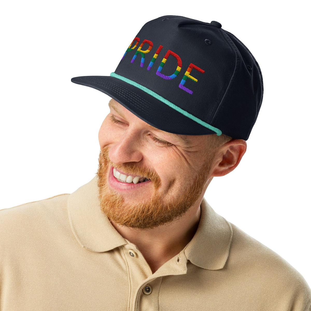 Embroidered golf cap in dark navy with multicolor PRIDE and mint rope trim