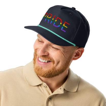 Embroidered golf cap in dark navy with multicolor PRIDE and mint rope trim