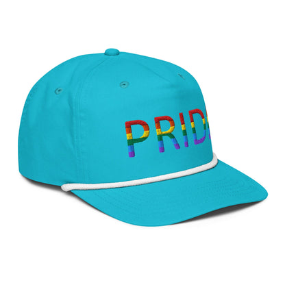 Embroidered golf cap, turquoise with white trim and rainbow PRID lettering on front